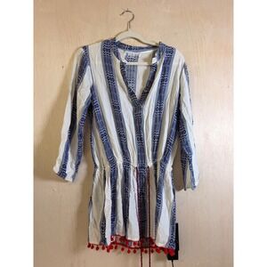 Bindu Tunic Dress Women Large Blue White Excellent Pom-Pom Trim Boho Stripe